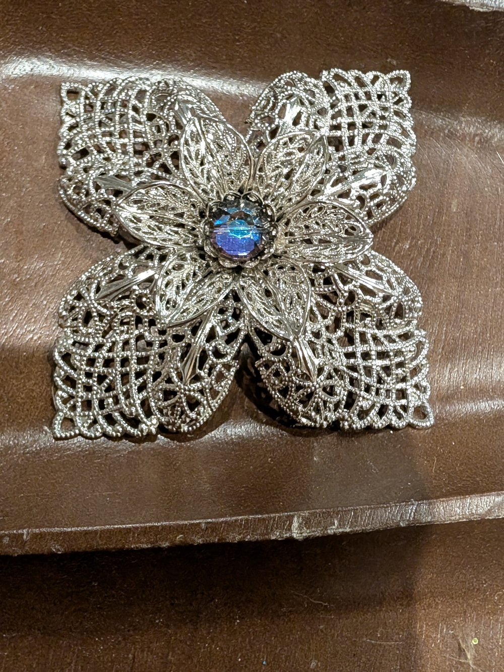 Silver Filigree Flower Brooch with Iridescent Center - Women's Accessory
